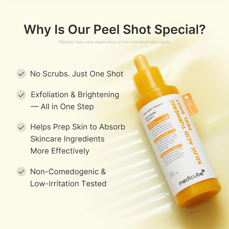 پیلینگ شات کوجیک اسید و زردچوبه روشن کننده و لایه بردار صورت مدی کیوب MEDICUBE Kojic Acid Turmeric Peel Shot